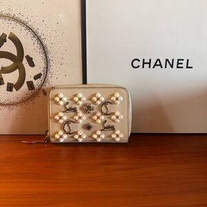 Christian Louboutin Cream Pearl-Embellished Zip Wallet